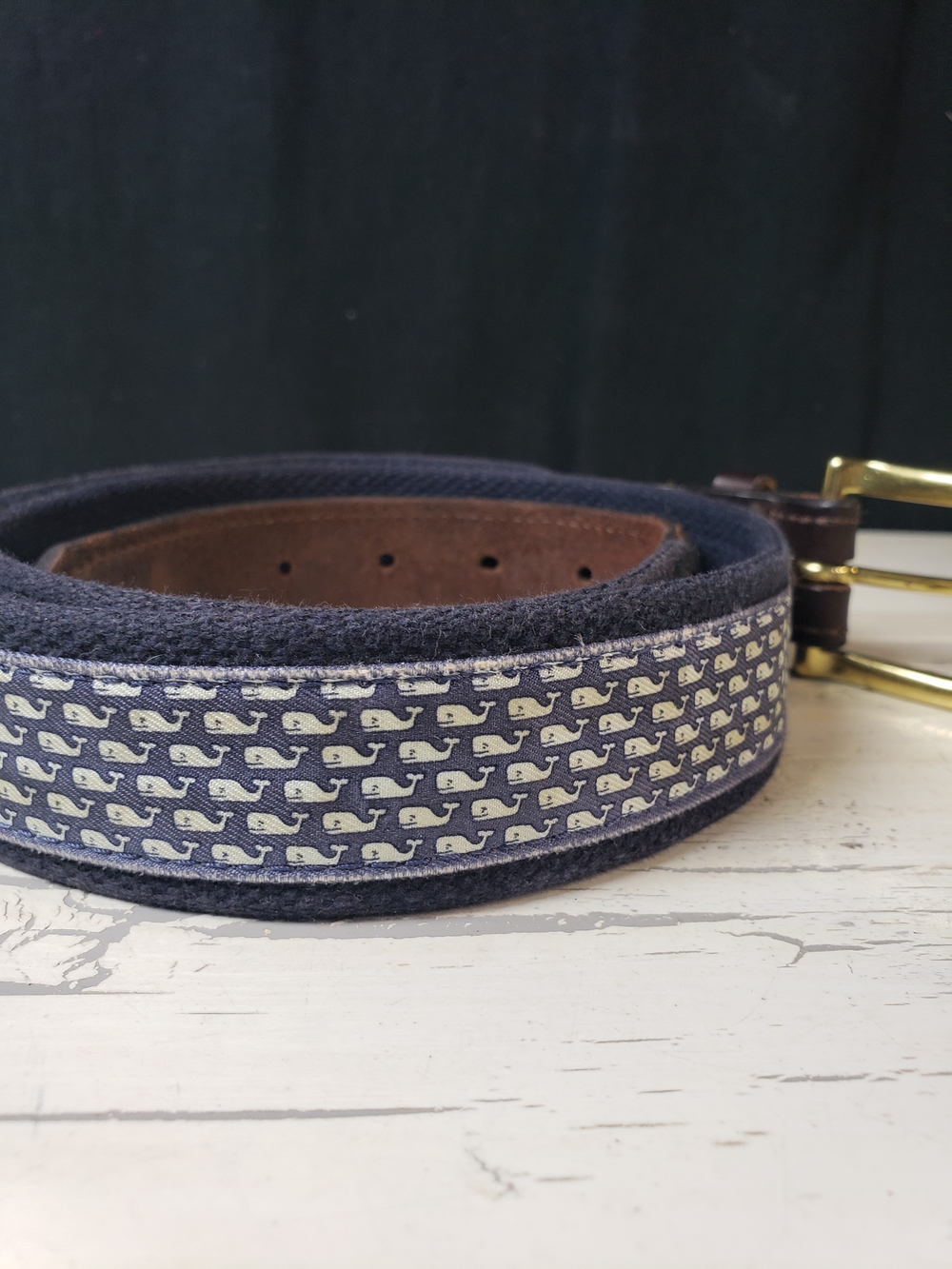 Vineyard Vines Navy Whale-Print Webbing Belt with Brown Leather - Picture 8 of 16
